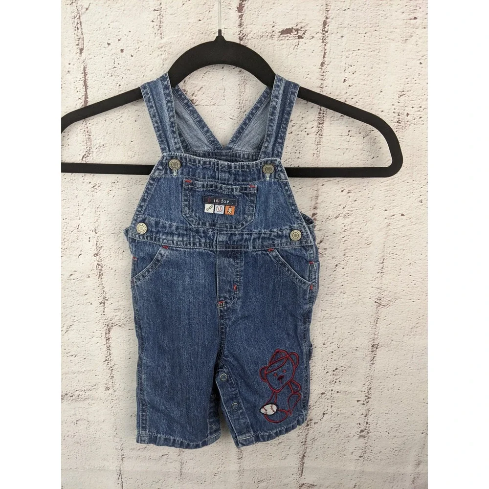 Carters Vintage Denim Overalls 6M Baseball Bear Embroidered Blue Jeans Kids